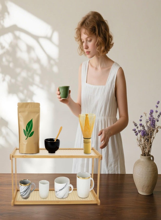 Klmnop 2 Tier Matcha Station, Wicker Look Bamboo Coffee Station Organizer for Kitchen Countertop, Matcha Station Shelf for Tea Coffee Bar Accessories, Matcha Stand, Green Tea Powder, Scoop Mugs - Image 4